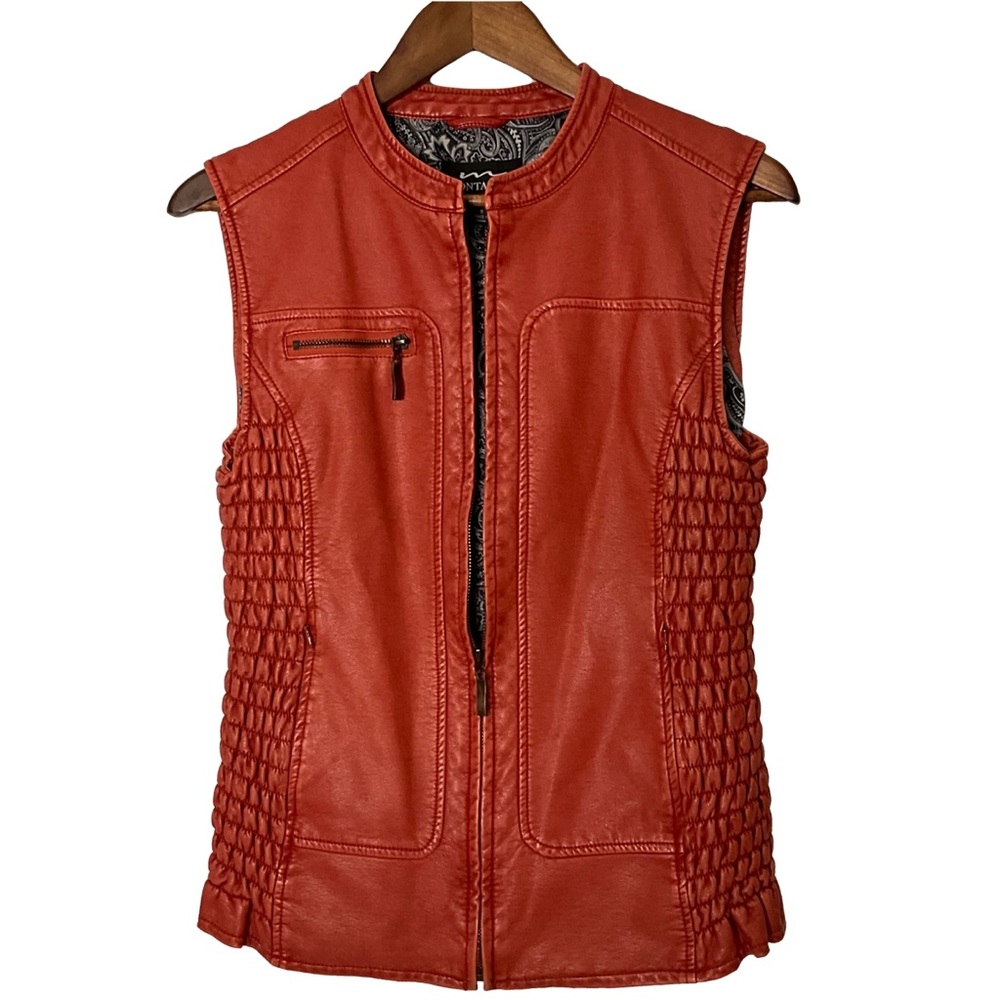 Montanaco Women’s Quilted Orange Red Faux Leather Zip Vest w/Zip Pockets; Sz SM